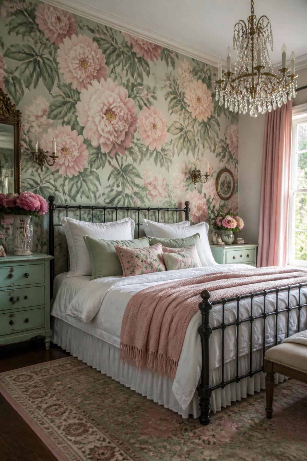 A vintage-inspired bedroom overflowed with romantic pastel details, the focal point being an accent wall covered in large-scale peony print.