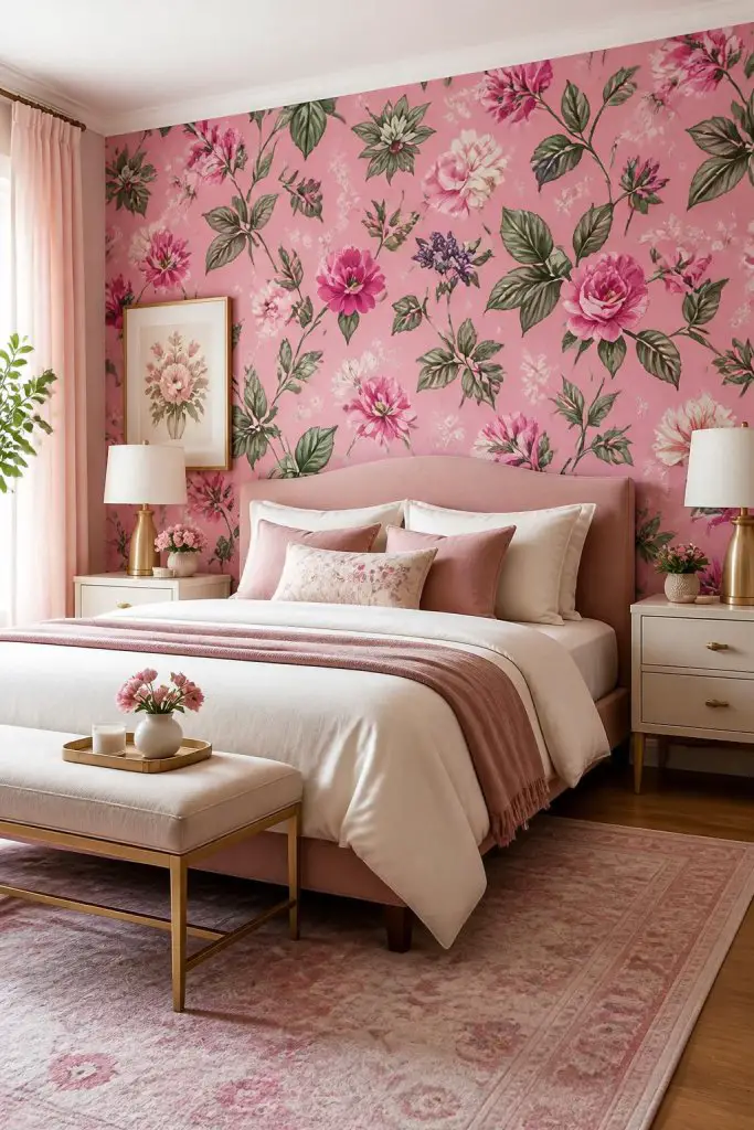 Vintage romance meets modern comfort in this bedroom with a stunning floral pink accent wall, covered in large green leaves and vibrant pink.