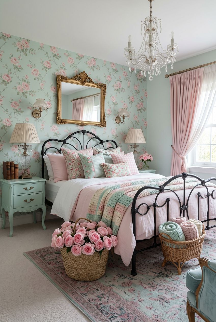 Style a feminine, vintage-inspired bedroom featuring a mint floral wallpapered accent wall behind a black iron bedframe.