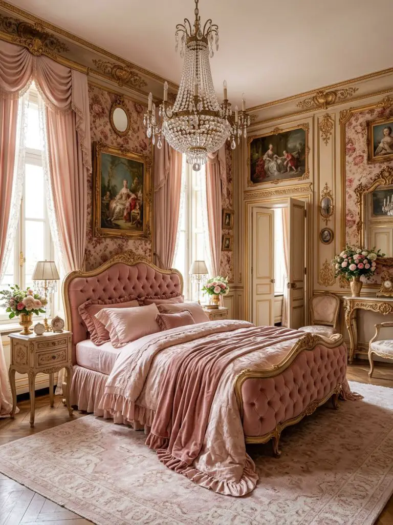 A vintage-inspired pink royal bedroom featuring ornate floral wall art, carved gold detailing, and layered blush bedding in a romantic Rococ.
