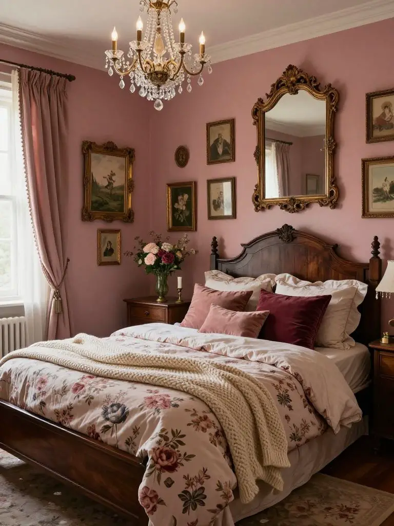 A romantic vintage-inspired moody pink bedroom with Cottagecore and Classic European influences, featuring warm rose walls, floral bedding.