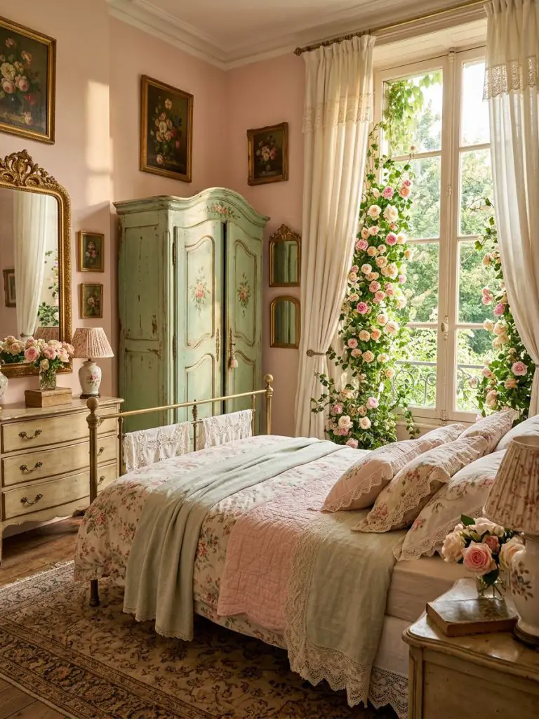 A romantic vintage-inspired pink and mint bedroom with whimsical floral styling and antique European charm.