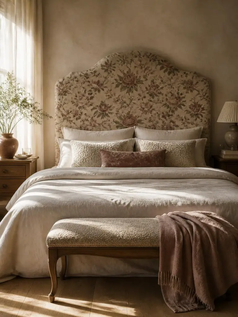 A romantic vintage-inspired bedroom featuring a tall upholstered floral headboard covered in faded rose botanical fabric with dusty mauve, w.