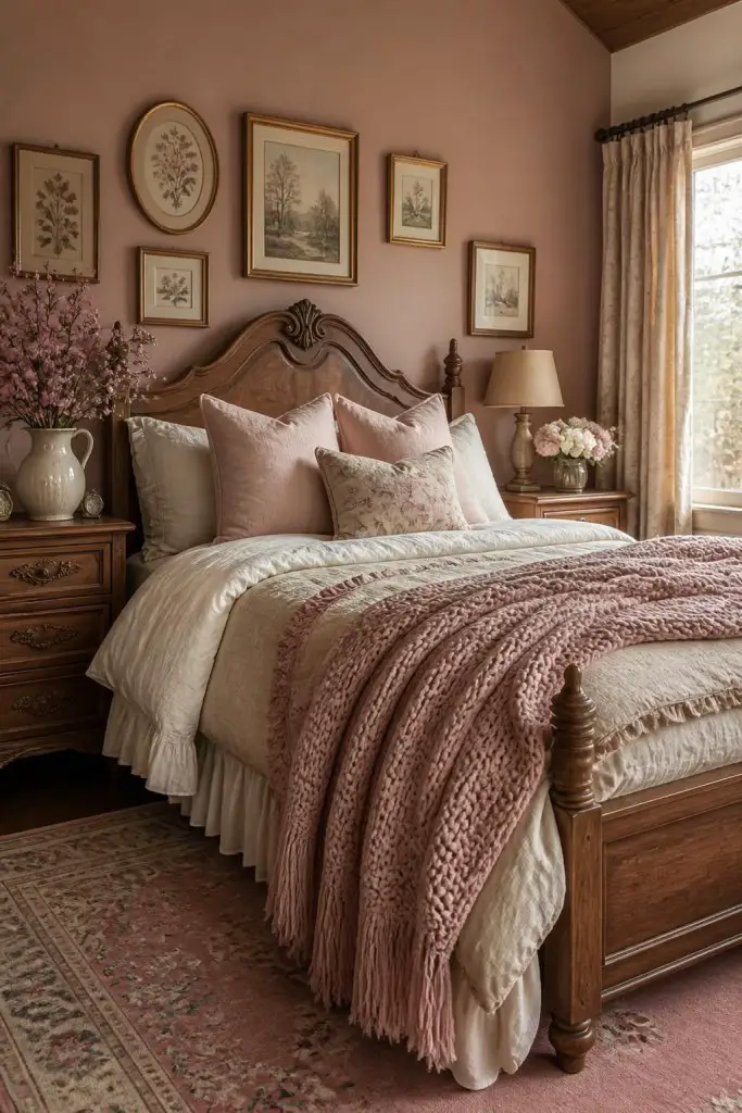 A vintage rustic pink bedroom featuring warm wood furniture, blush textiles, and timeless feminine styling inspired by classic cottage inter.