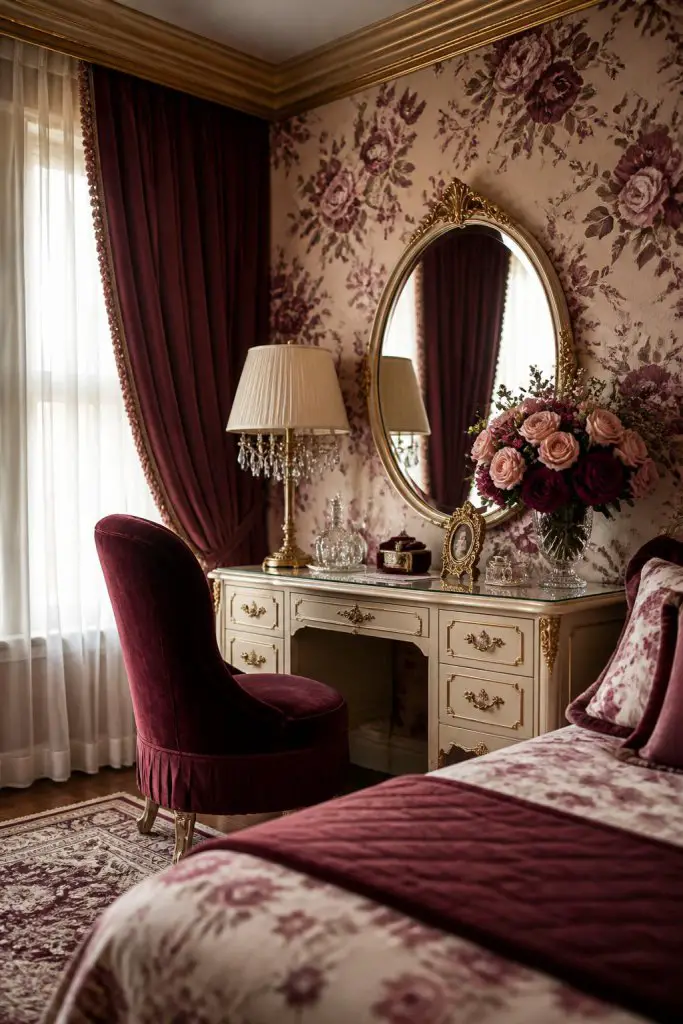 A vintage-inspired bedroom corner showcasing a blush and burgundy floral wallpapered accent wall, featuring an ornate, antique cream vanity.