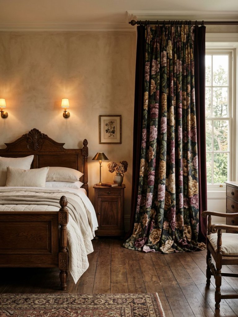 A sophisticated vintage Victorian bedroom featuring oversized floral curtains with dramatic peony and rose prints in burgundy, dusty mauve.