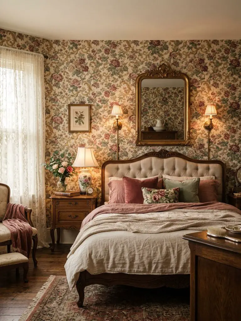 A romantic vintage floral wallpaper bedroom inspired by classic Victorian interiors with intricate botanical wallpaper covering the walls in.