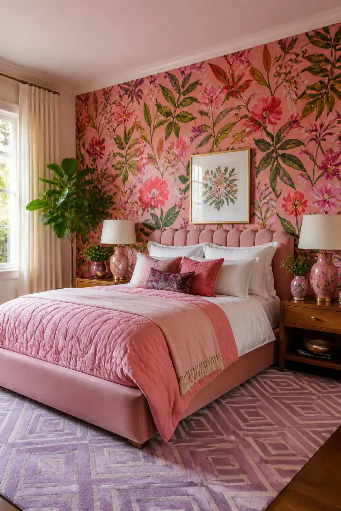 Present a striking bedroom with vibrant pink floral wallpaper bursting with bold botanical illustrations in saturated greens and reds.