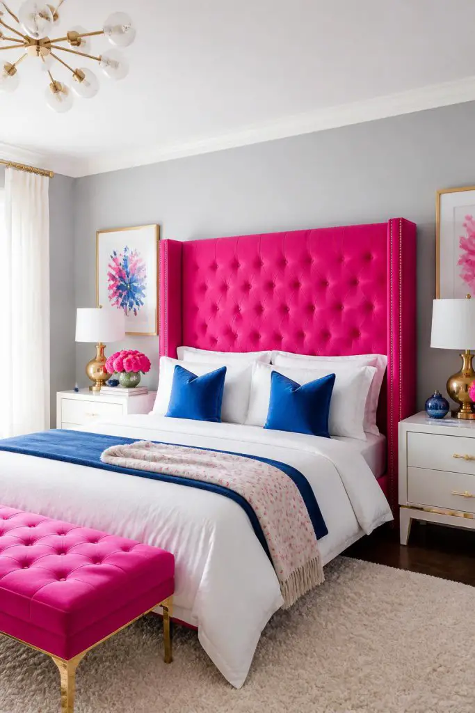 A vibrant contemporary bedroom energized by a vivid fuchsia pink tufted headboard, paired with crisp white bedding and bold blue accent pill.
