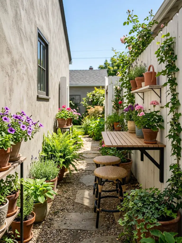 A narrow small backyard side garden in a United States home featuring a sleek wall-mounted drop-leaf table attached to a white exterior fenc.