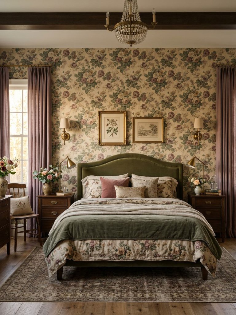 Create a dramatic floral room aesthetic centered around full wall-to-wall vintage floral wallpaper in faded rose, sage green, antique cream.