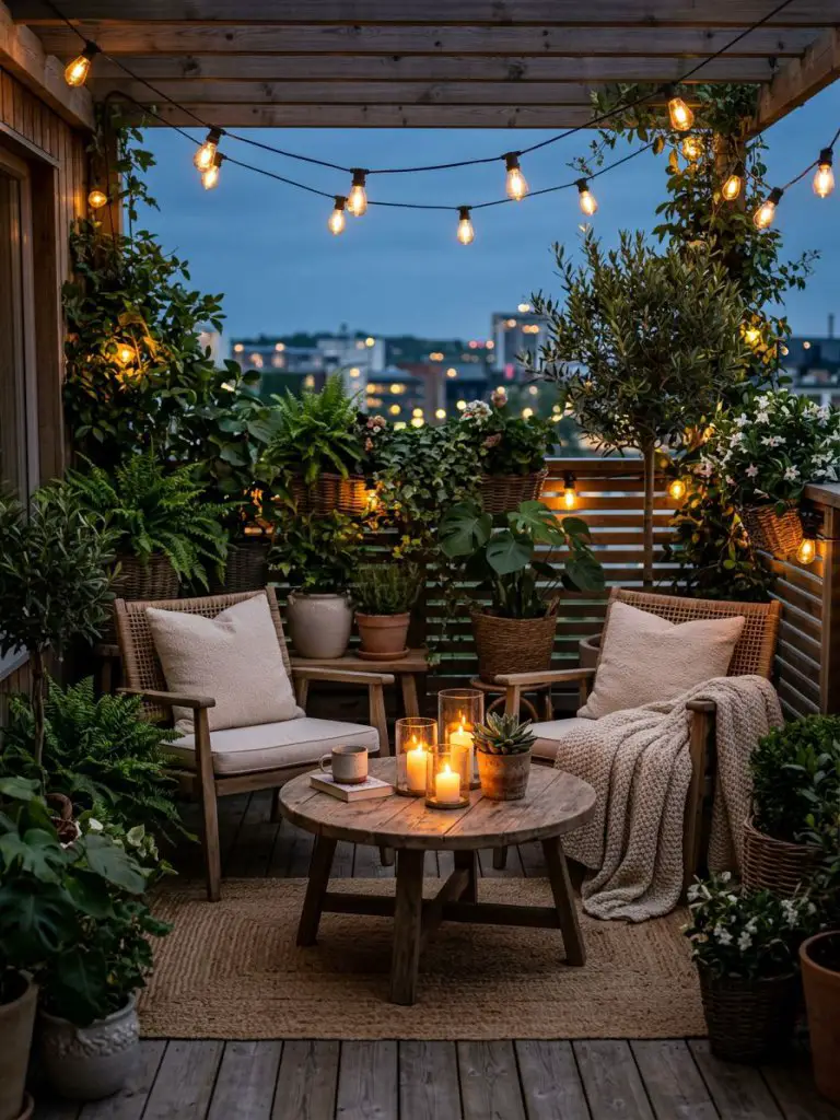 A warm and inviting balcony garden enhanced with soft lighting and lush plants in a modern rustic style.