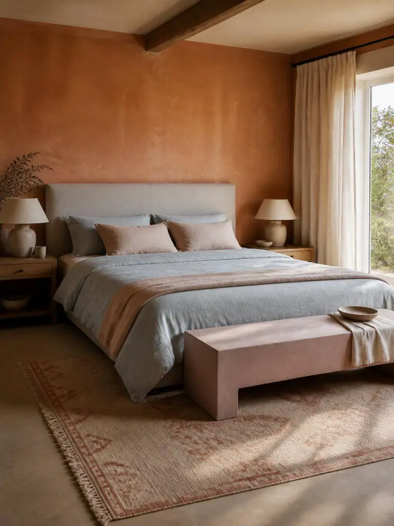 interior photography of a warm minimalist bedroom with clay orange limewash walls and soft powder blue bedding in a calming modern rustic st.