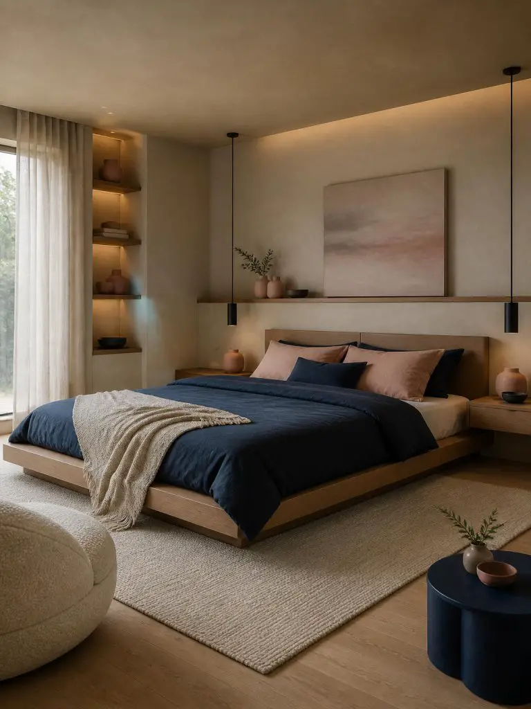 A warm minimalist bedroom designed with calming navy blue and muted rose pink layered into a clean modern composition.