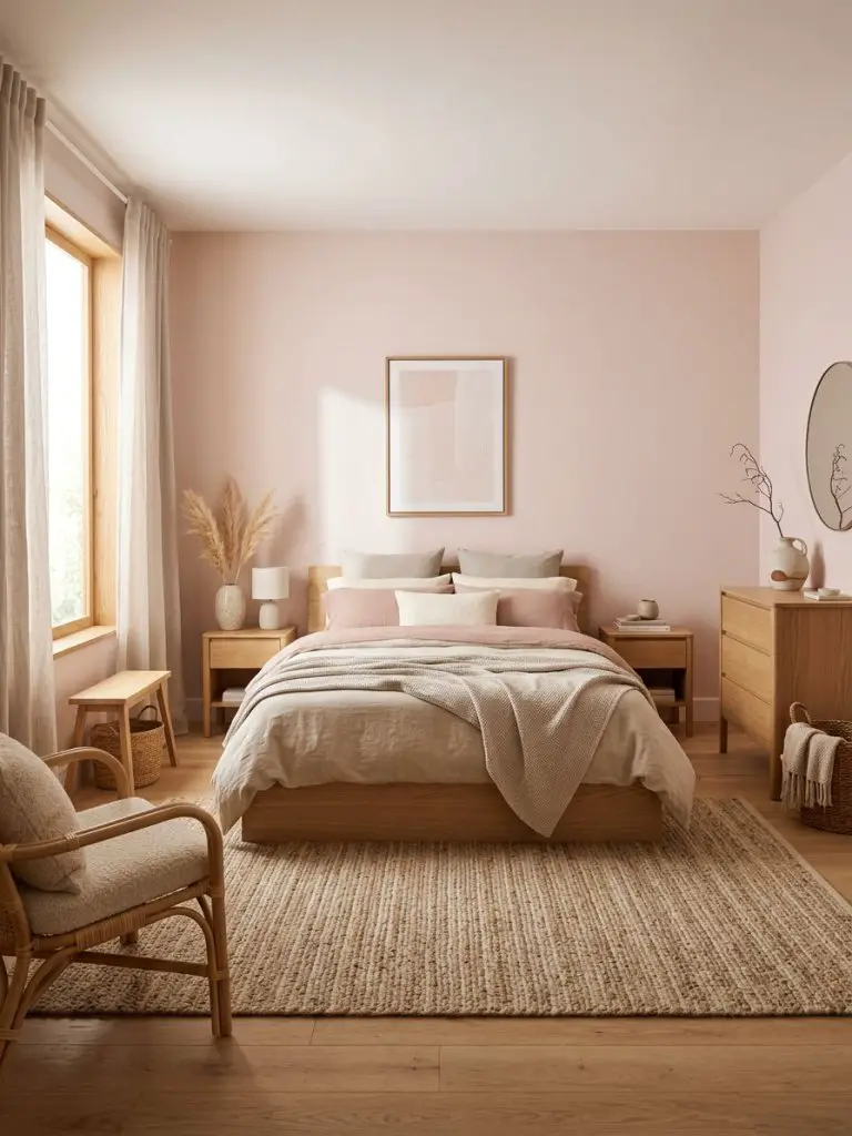 A warm minimalist pink bedroom designed with Scandinavian and Japandi influences featuring natural wood furniture, blush pink walls, soft li.