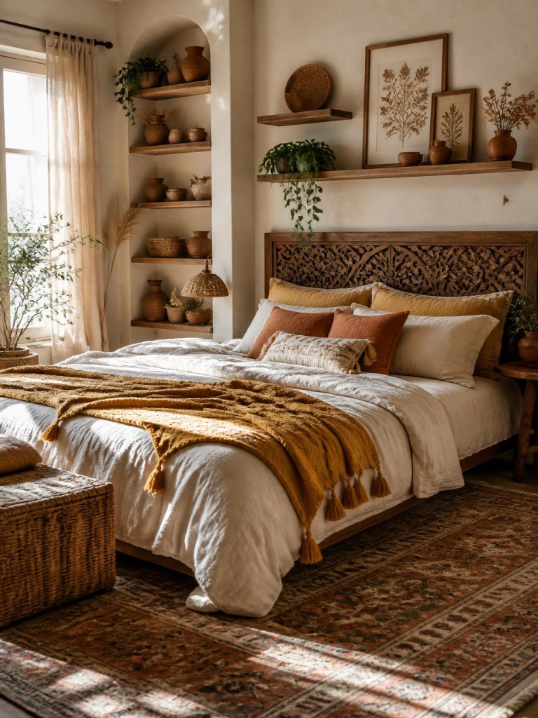 A warm rustic boho floral bedroom styled with mustard and terracotta accents featuring a carved wood headboard, layered textured bedding, an.