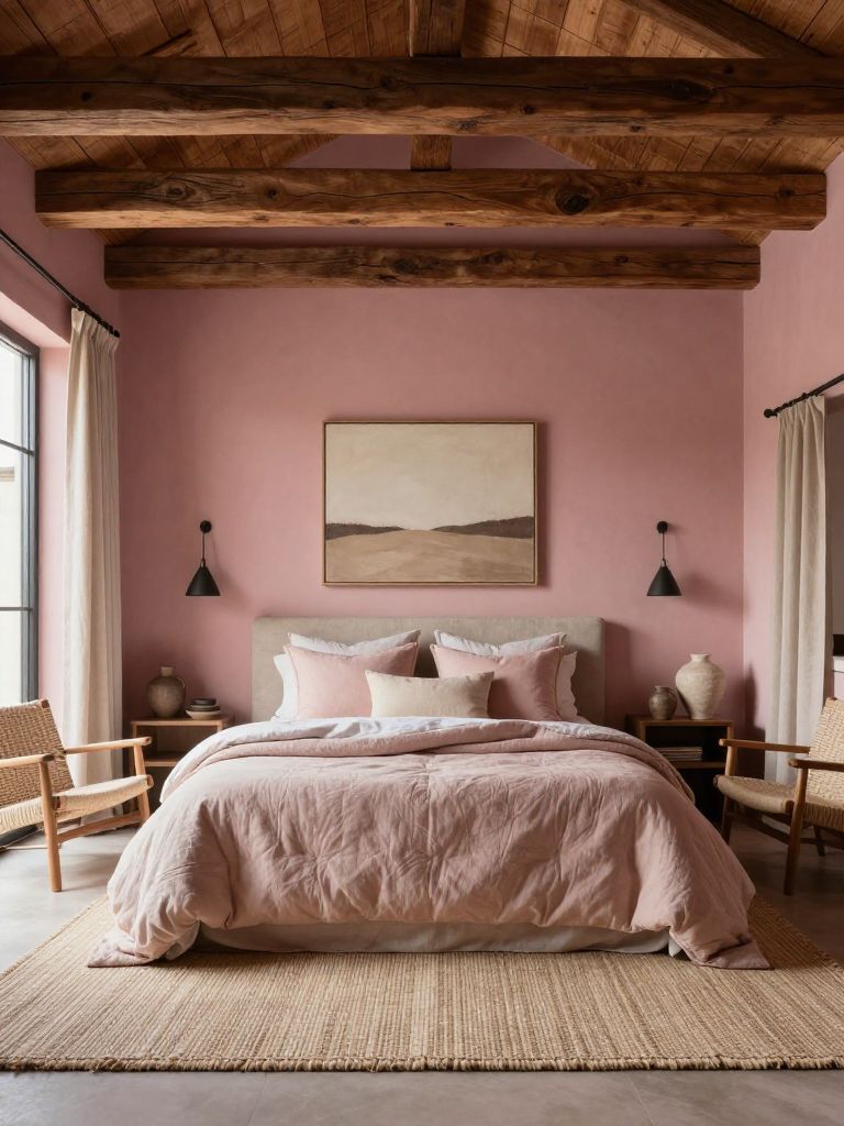 A warm rustic earthy pink bedroom designed with Modern Rustic and Japandi influences featuring mauve-pink walls, exposed dark wood ceiling b.