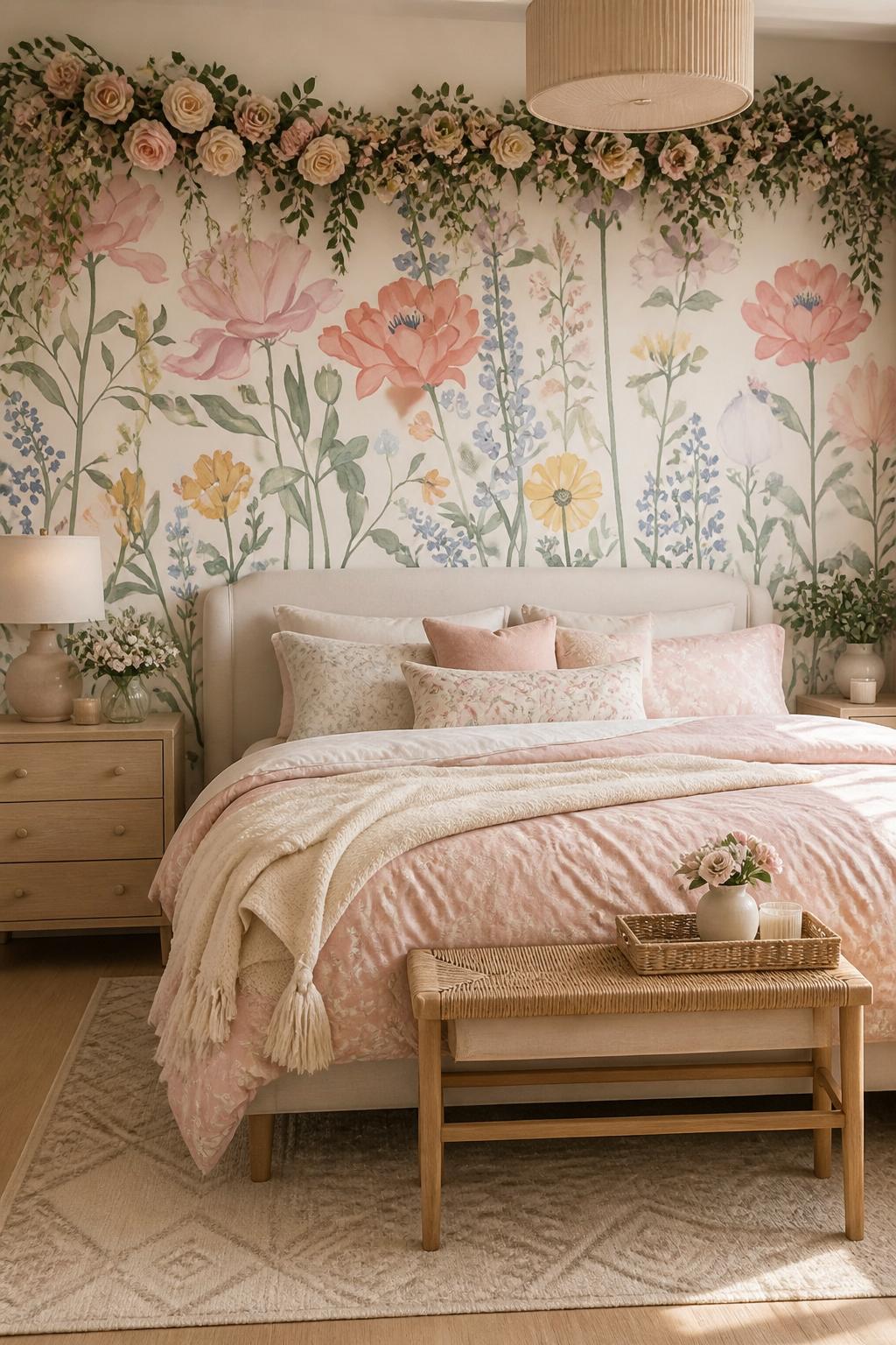 A cozy and romantic bedroom styled with a lush floral garland draped above the bed, accented by cascading greenery and clustered blush roses.