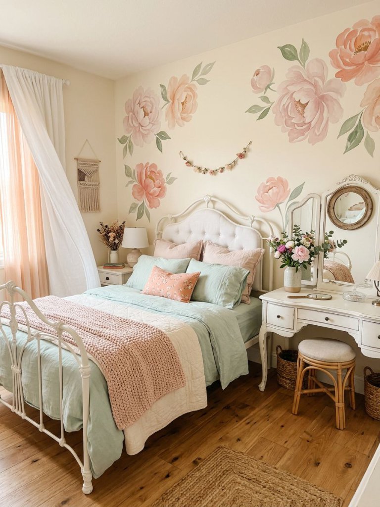 A dreamy watercolor peony girls bedroom designed in soft romantic cottagecore style with oversized blush floral wall murals painted across w.