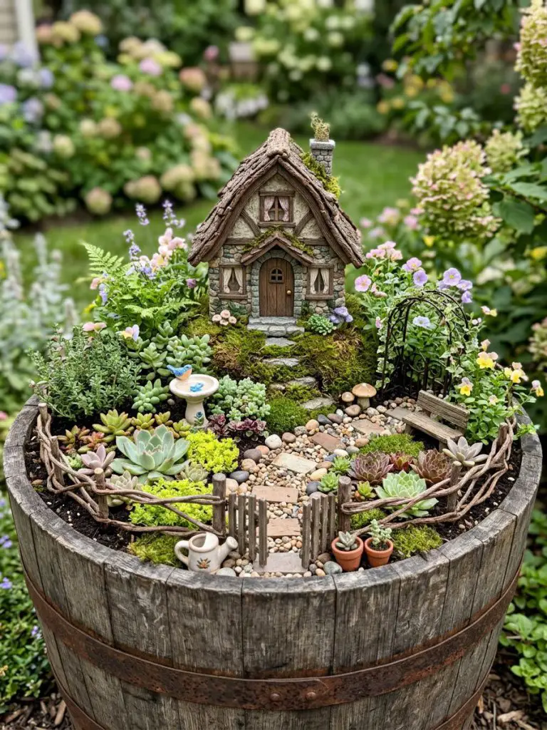 A charming fairy garden built inside a wooden barrel planter, styled in rustic cottagecore with playful garden accents.