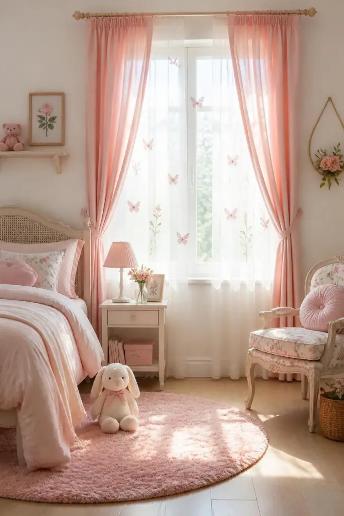 A charming, fairy tale-inspired bedroom with soft blush pink curtains elegantly framing a wide window, accented by sheer white panels embroi.