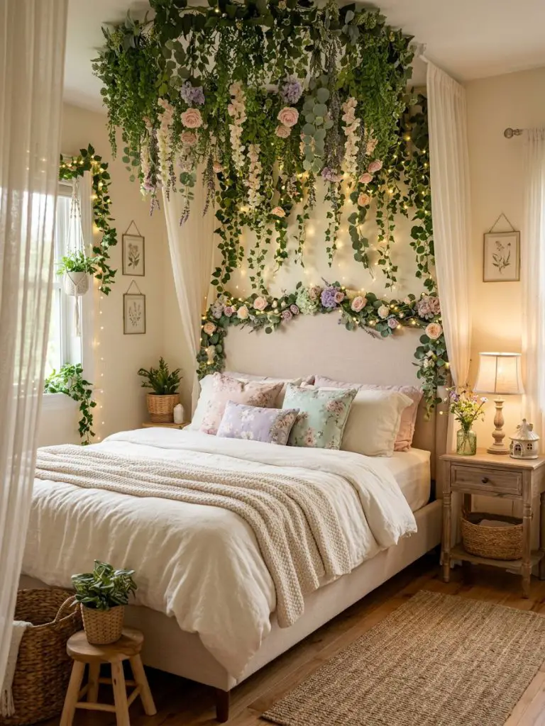 A whimsical fairy garden floral bedroom aesthetic transformed with cascading artificial vines, hanging flower garlands, and delicate warm st.