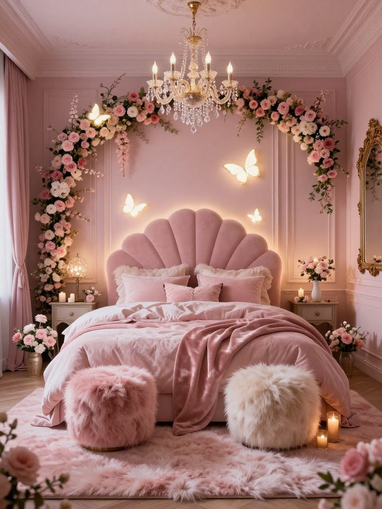 A whimsical fairycore pink bedroom filled with romantic floral details and dreamy ambient lighting in a luxurious feminine aesthetic.