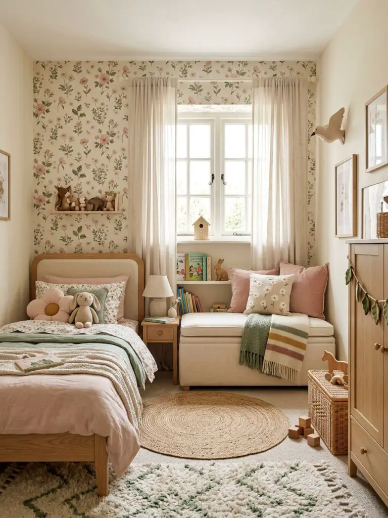 A whimsical children’s bedroom inspired by a secret garden theme featuring cheerful floral wallpaper with soft pink blossoms, tiny daisies.