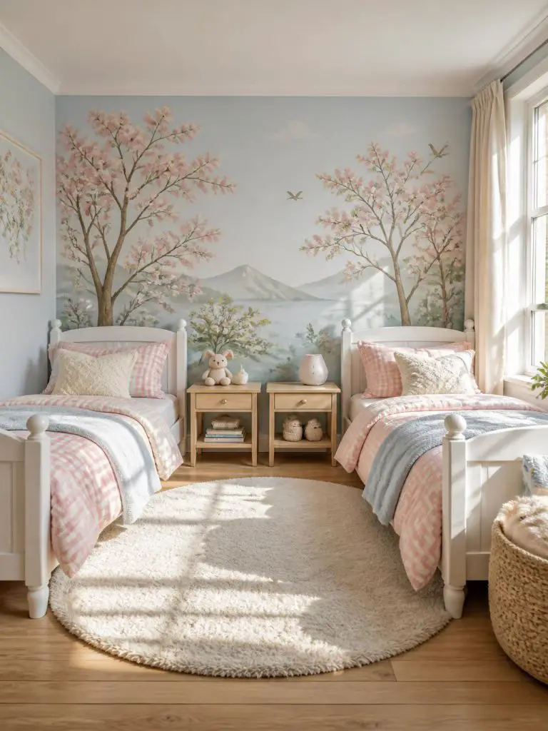 A whimsical forest-themed kids bedroom designed with pastel blue walls and delicate blush blossom tree murals stretching across the room in.