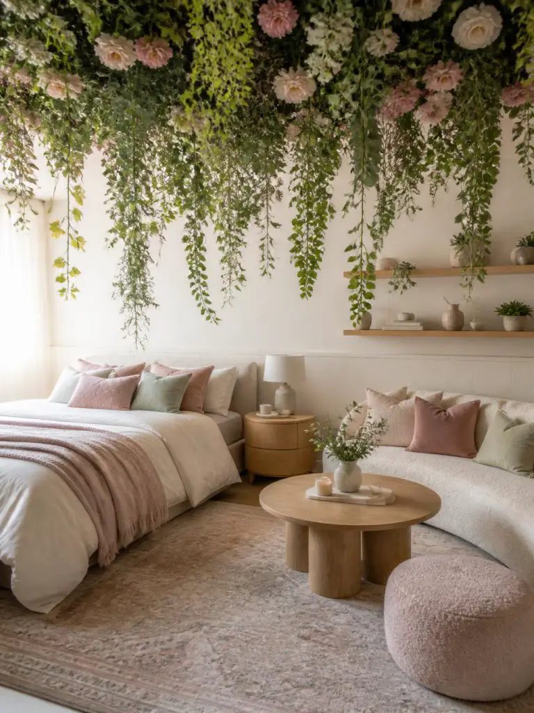 A whimsical garden-inspired bedroom featuring cascading faux floral vines and trailing greenery suspended dramatically from the ceiling abov.