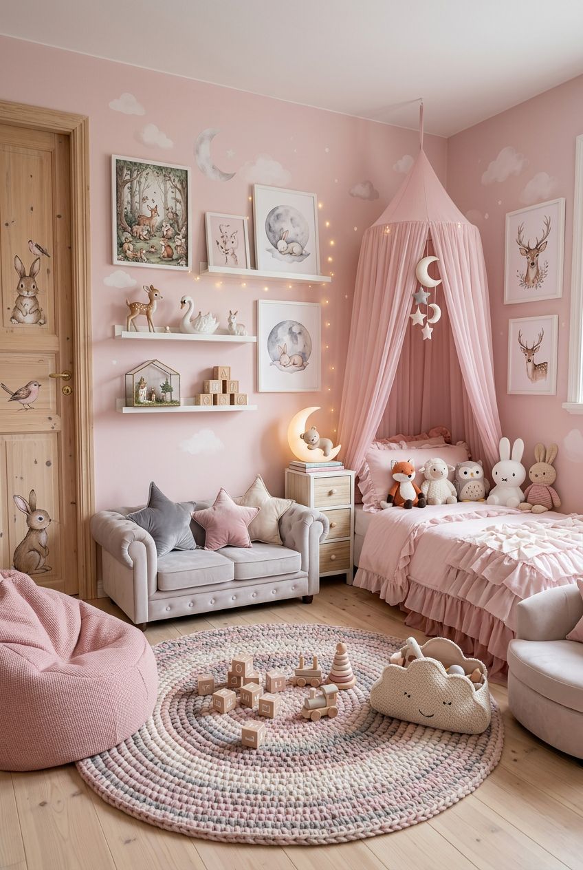 A whimsical pastel bedroom meets playroom, featuring a pink half-canopy tent above a cozy bed adorned with plush toys and ruffle bedding.