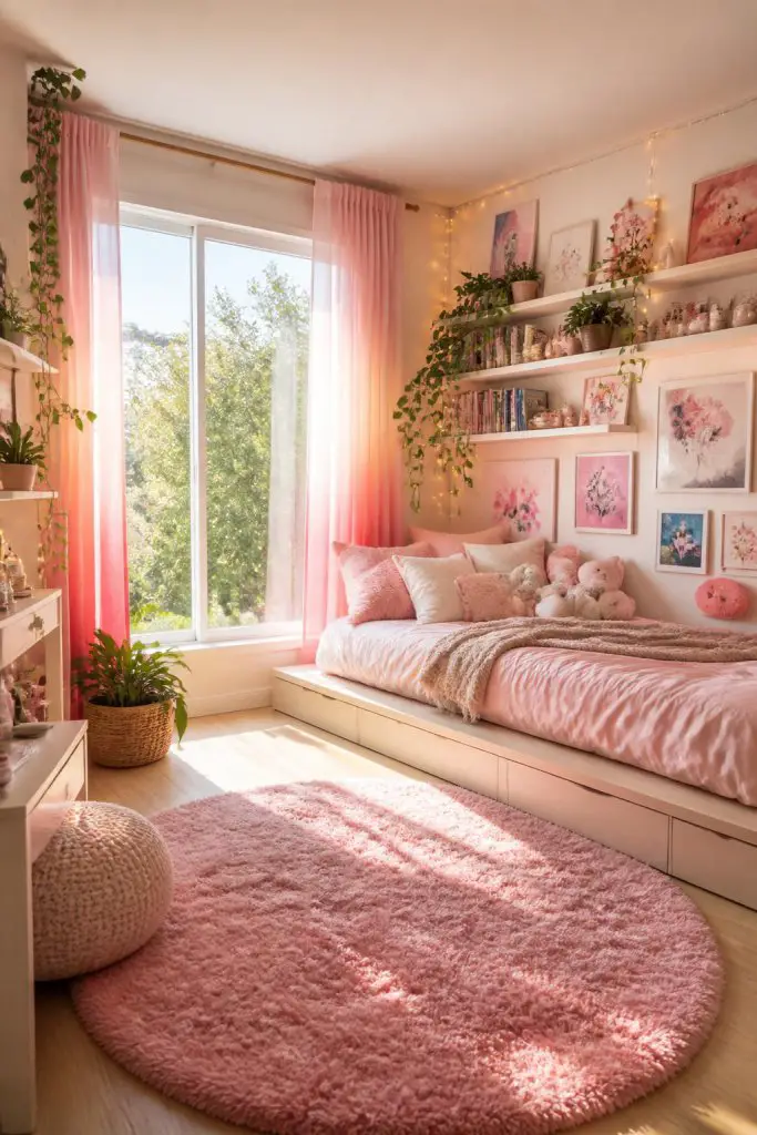A whimsical pink bedroom flooded with natural sunlight, featuring a soft, fluffy pink circular rug and pastel bedding on a platform bed.