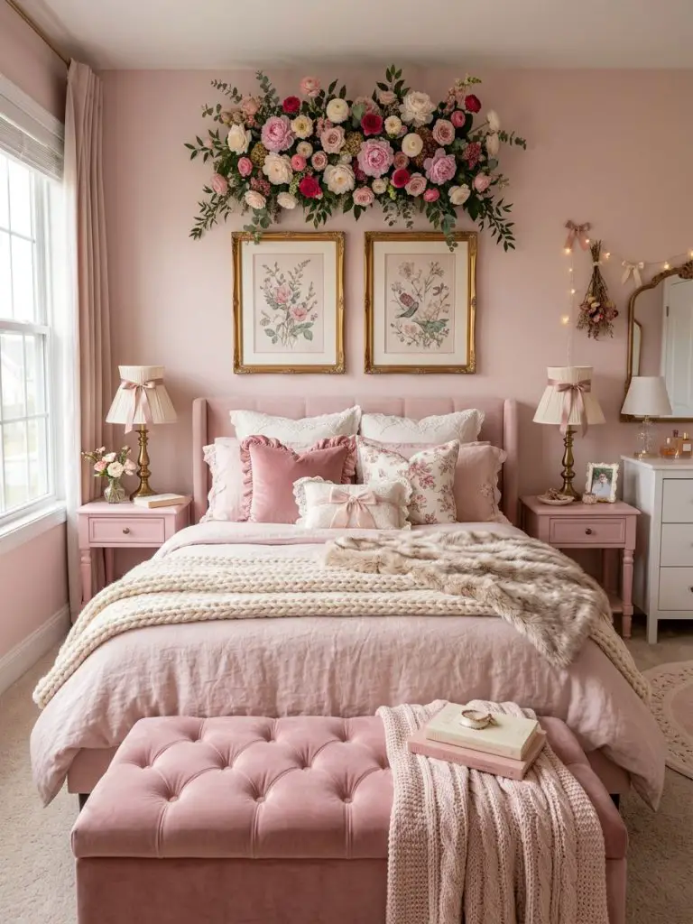A playful pink coquette bedroom styled with plush bedding, floral decor, and whimsical feminine accents.