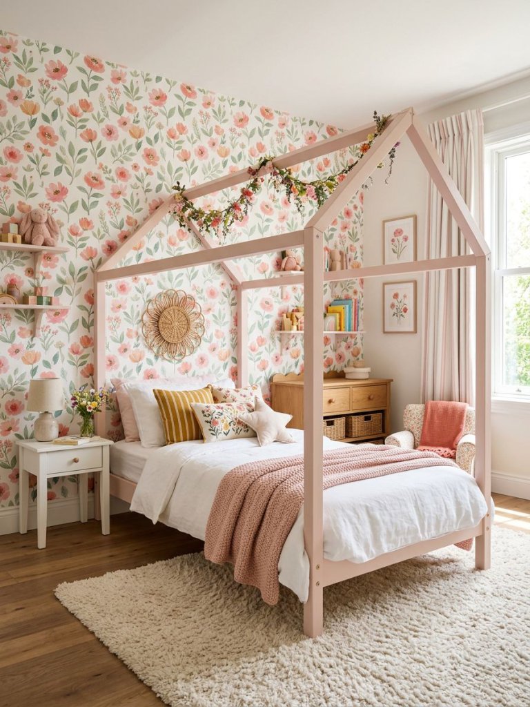 A playful floral girls bedroom featuring a blush pink house-frame bed against cheerful botanical wallpaper in a whimsical Scandinavian cotta.