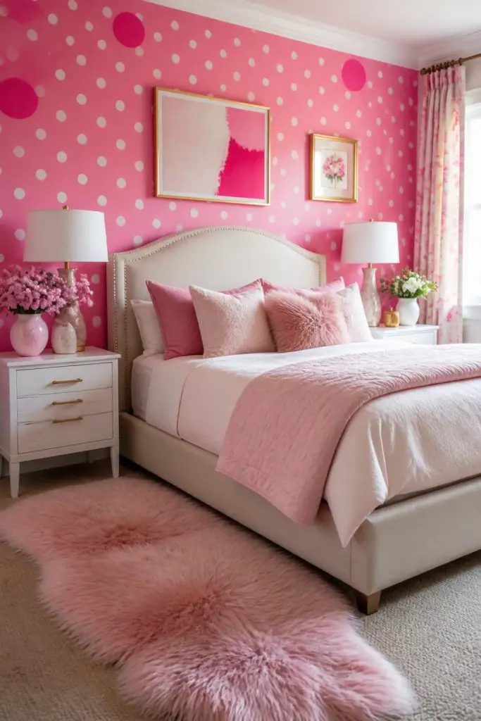 A dreamy and whimsical bedroom featuring a bright pink polka dot accent wall, with varying polka dot sizes adding a playful vibe.