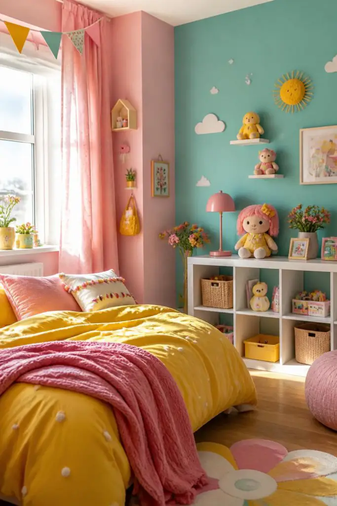 This whimsical, kid-friendly bedroom bursts with personality, blending aqua blue, bubblegum pink, and sunny yellow walls.
