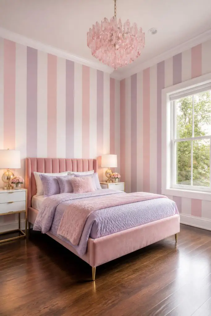 Emphasizing graceful playfulness, this bedroom features alternating vertical stripes in blush pink, lavender, and soft white across two wall.