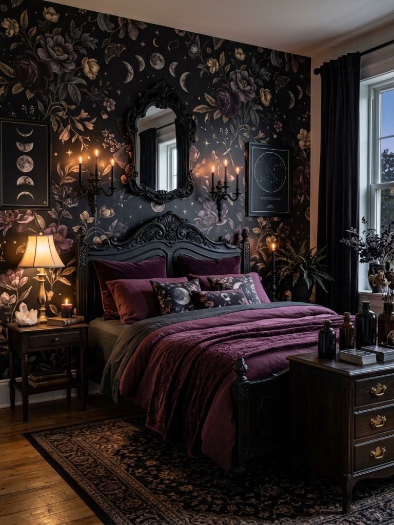 A Whimsy Goth floral bedroom blending celestial details with dark romantic interiors in a sophisticated gothic-inspired design style.