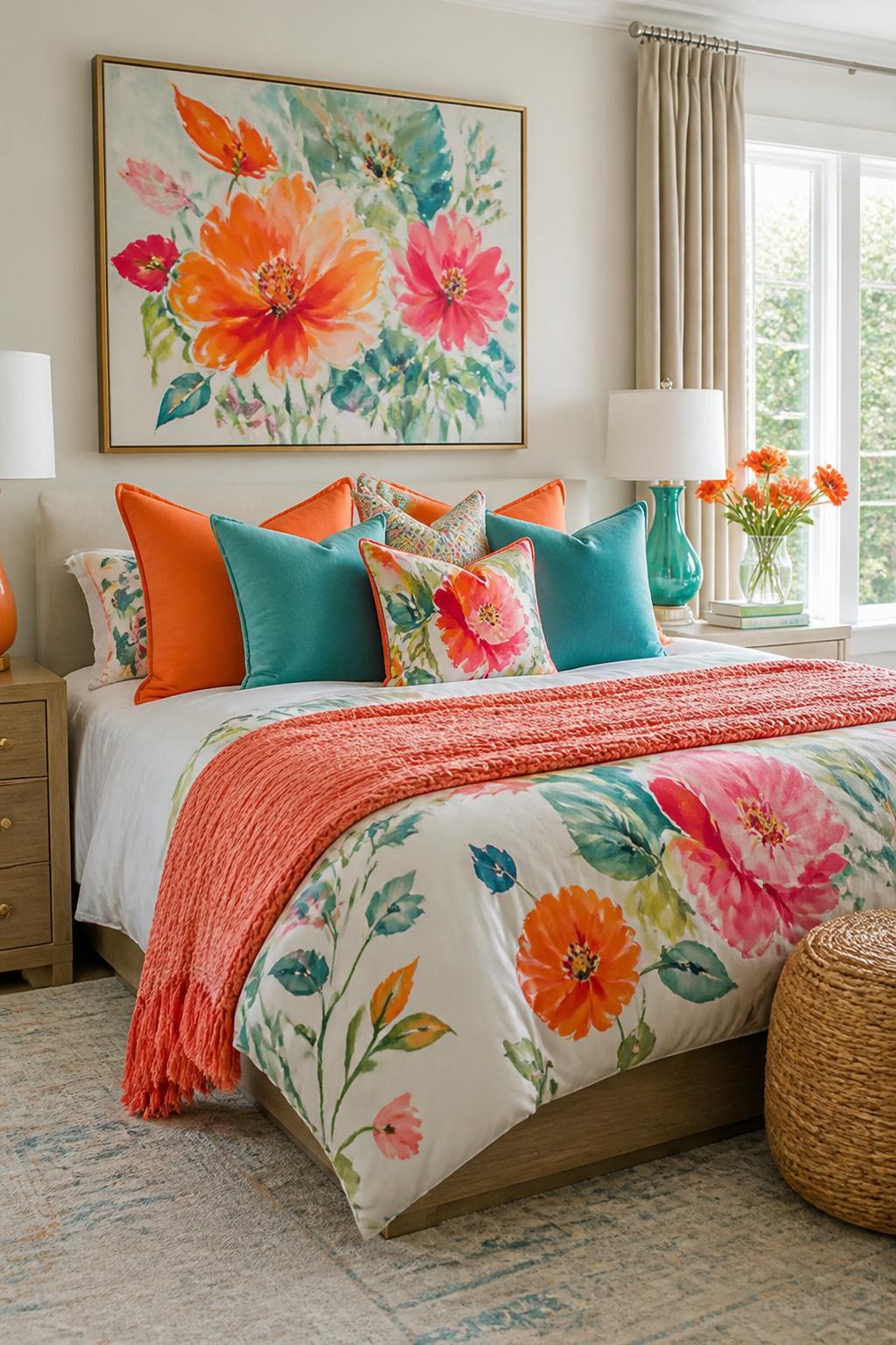 This sun-washed bedroom features a crisp white backdrop, allowing bold orange and turquoise floral accents to shine.