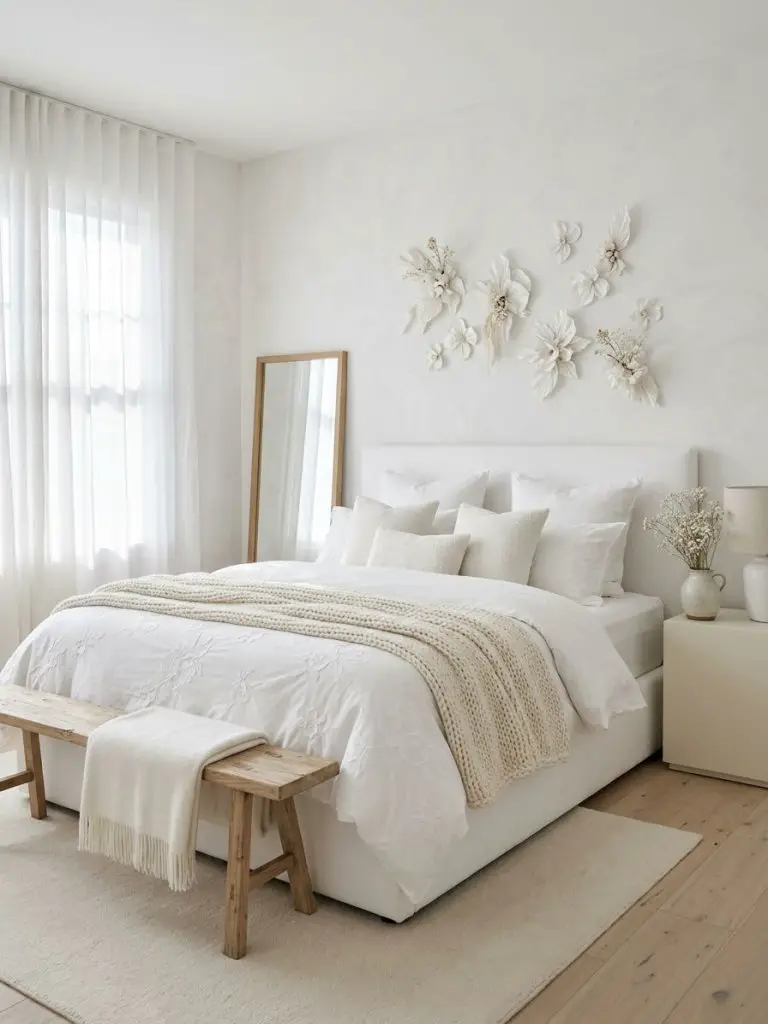 A white floral minimalist bedroom designed with calming monochrome texture and refined simplicity.