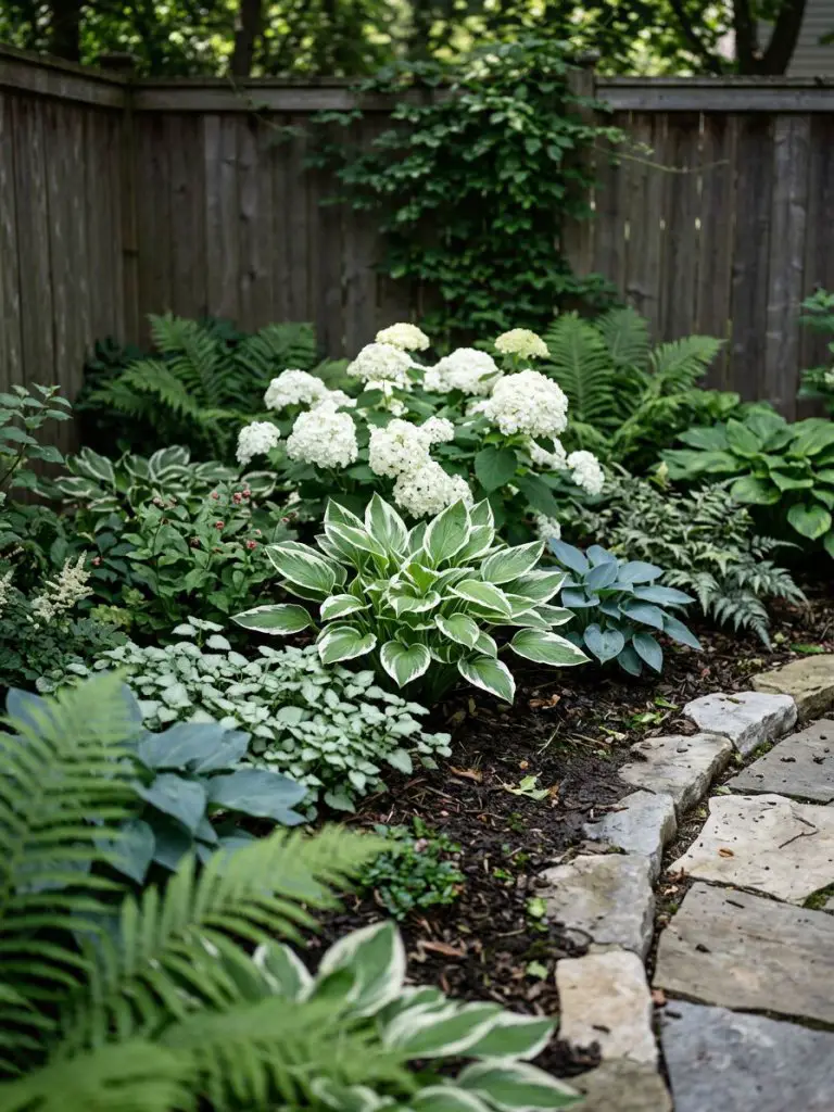 A compact shaded backyard garden highlighting white and silver planting in a Warm Minimalist + Modern Rustic design.