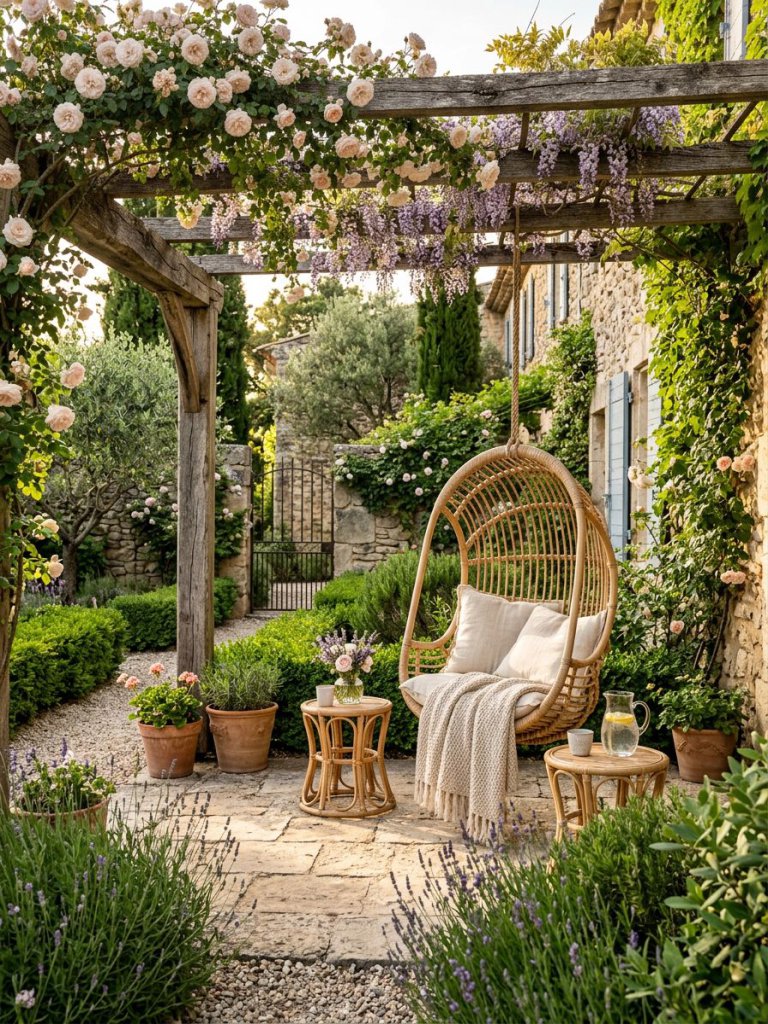 A dreamy French courtyard retreat designed in romantic rustic Provence style featuring a suspended wicker hanging chair beneath a weathered.