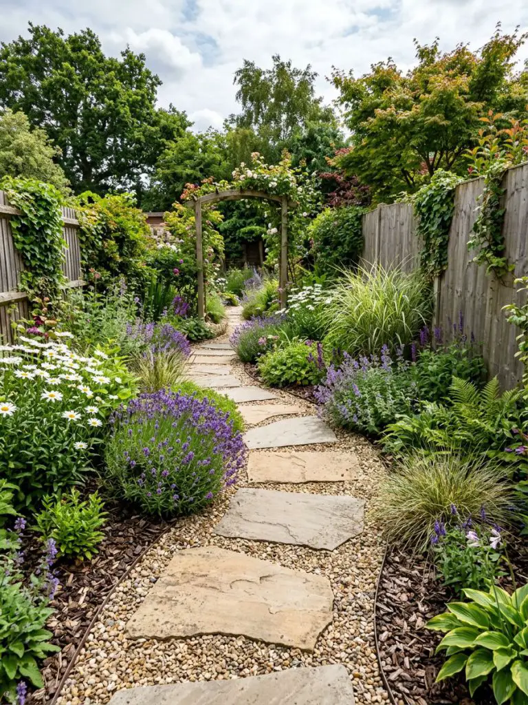 A small backyard garden with a winding stepping stone path set into gravel, designed to create depth and movement.