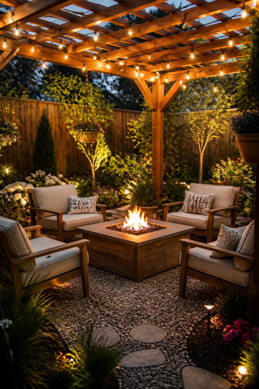 A charming backyard nook beneath a wooden pergola strung with fairy lights, featuring a square wood-accented fire pit surrounded by four com.