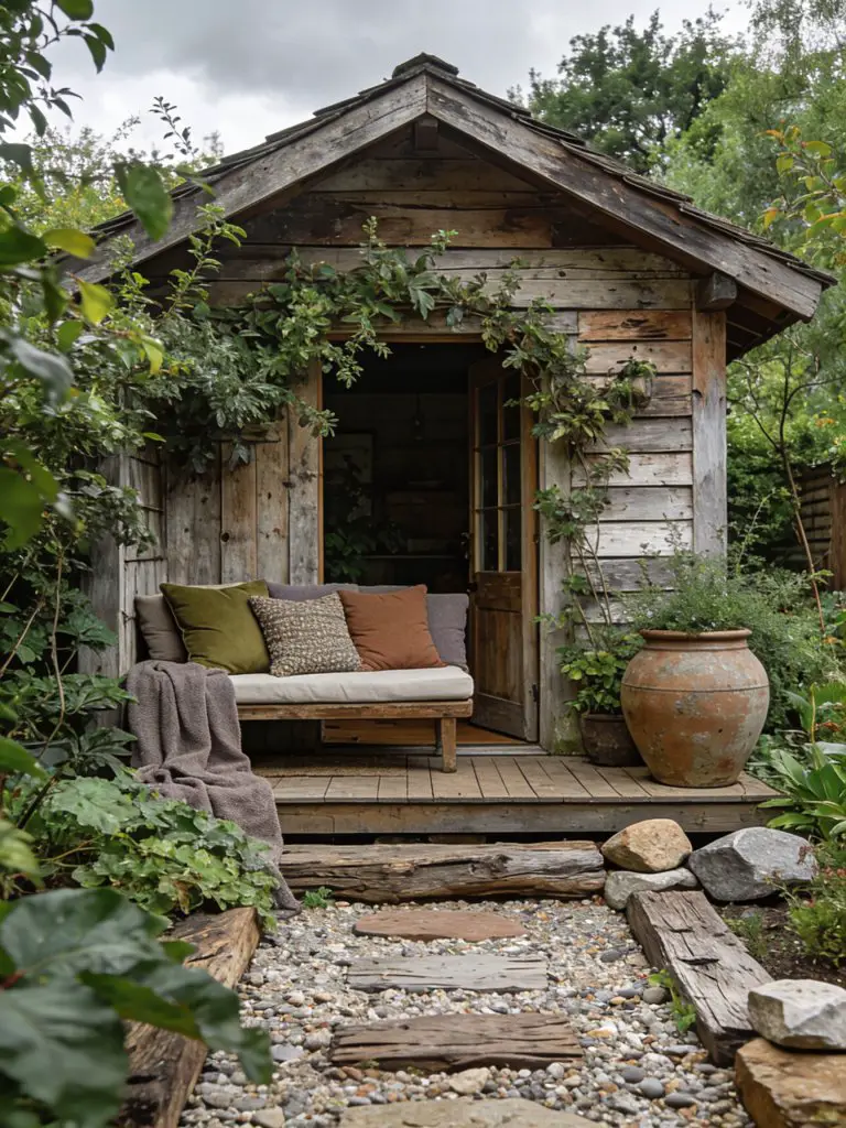 A woodland-inspired rustic garden cabin designed in a cozy cabin aesthetic, featuring a small weathered wood structure surrounded by lush gr.