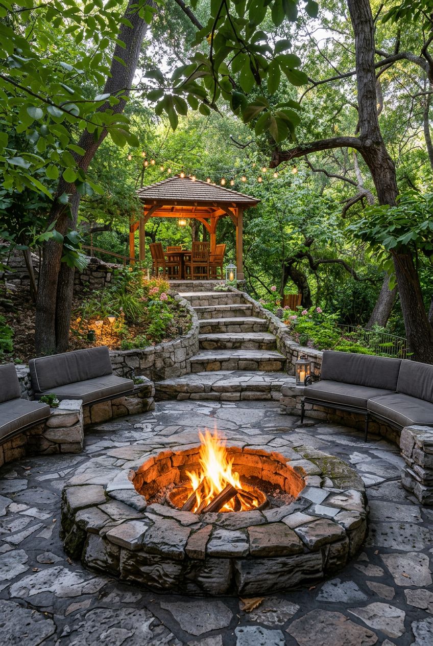 A dreamy woodland fire pit retreat with circular flagstone paving and a robust stone-built fire pit, accessed by a winding stone staircase t.