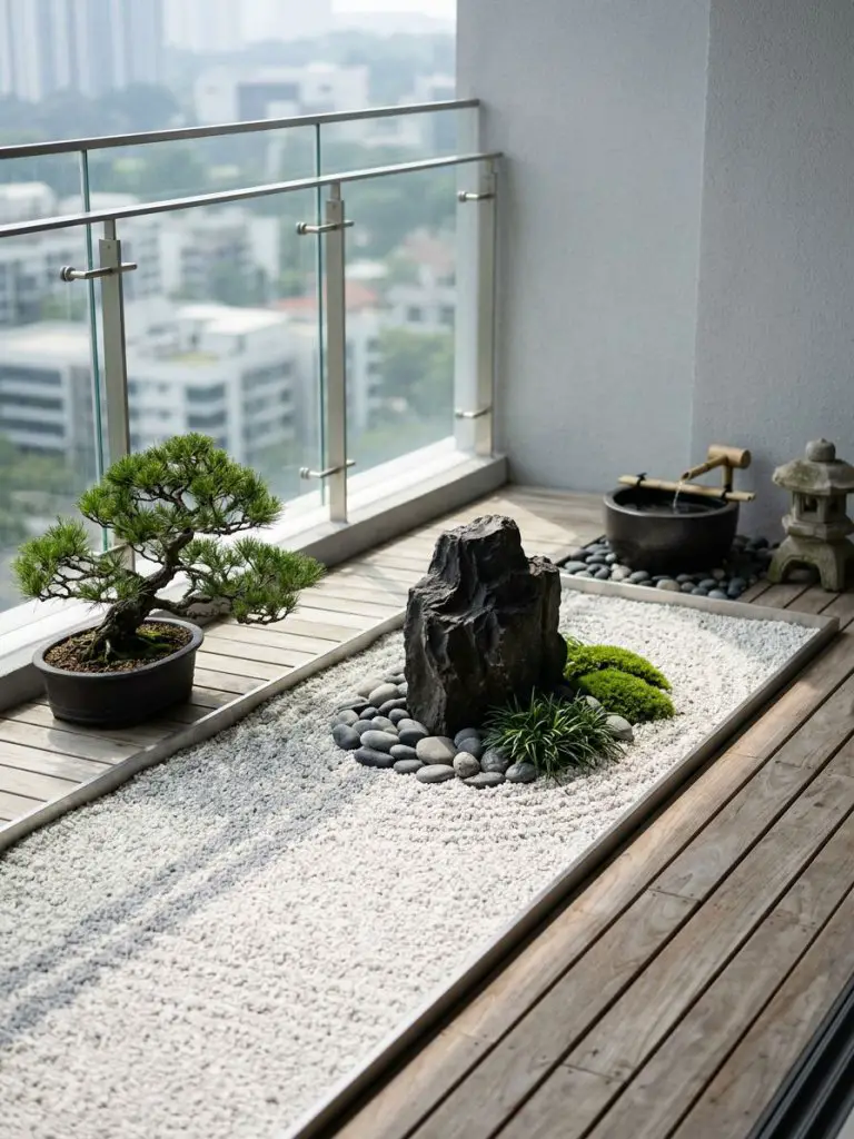 A zen-inspired mini garden balcony with gravel, stones, and minimal greenery in a modern minimalist style.
