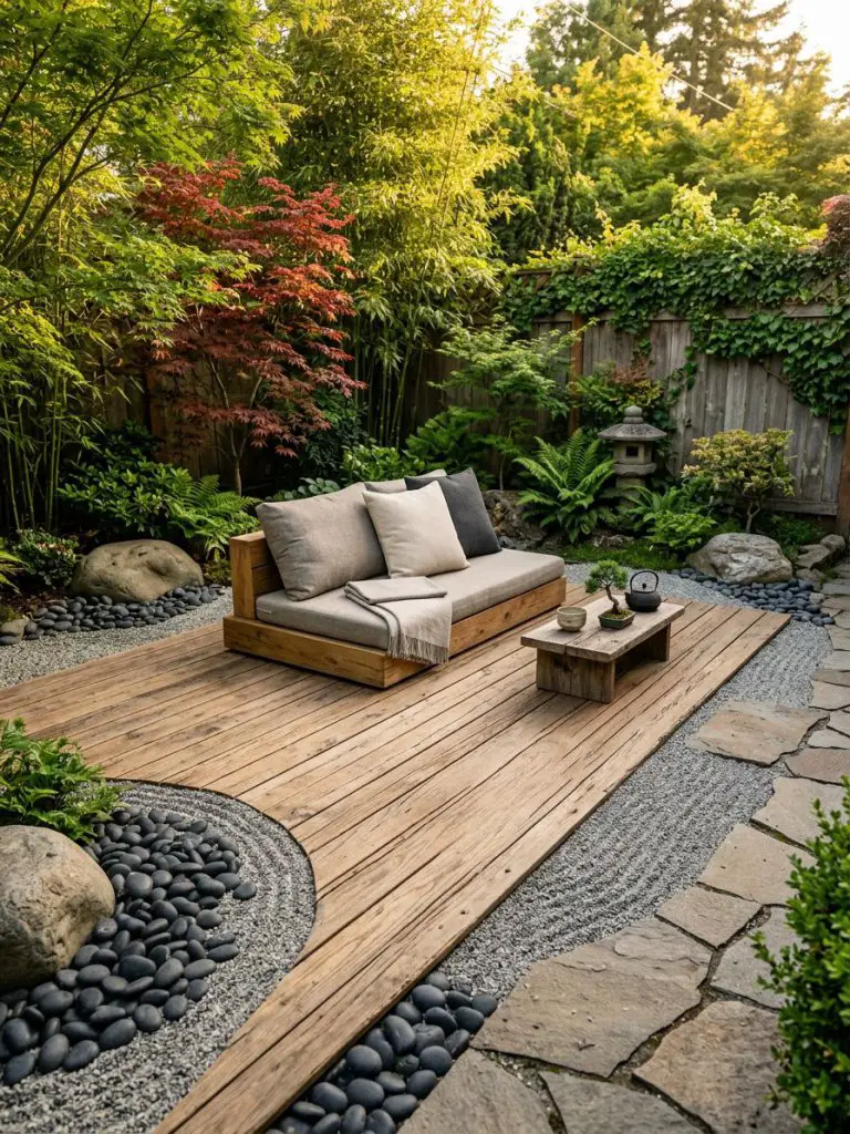 A compact Zen patio in a small backyard featuring a warm minimalist wood deck paired with a curated arrangement of smooth black stones.