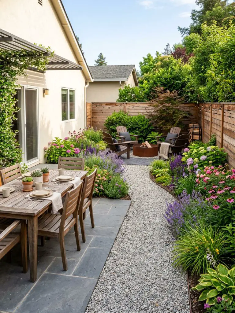 A small rectangular backyard divided into two functional zones: a dining area near the house and a fire pit at the far end, connected by a g.