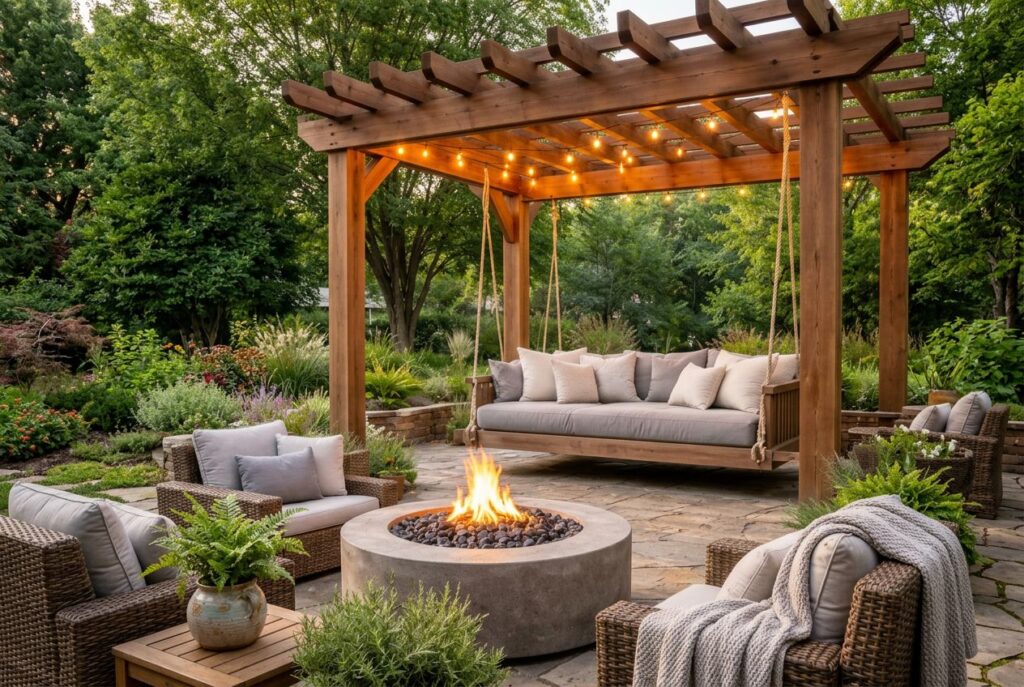 Featured image for: 10 Fire Pit Ideas for Backyards With Swings You’ll Love